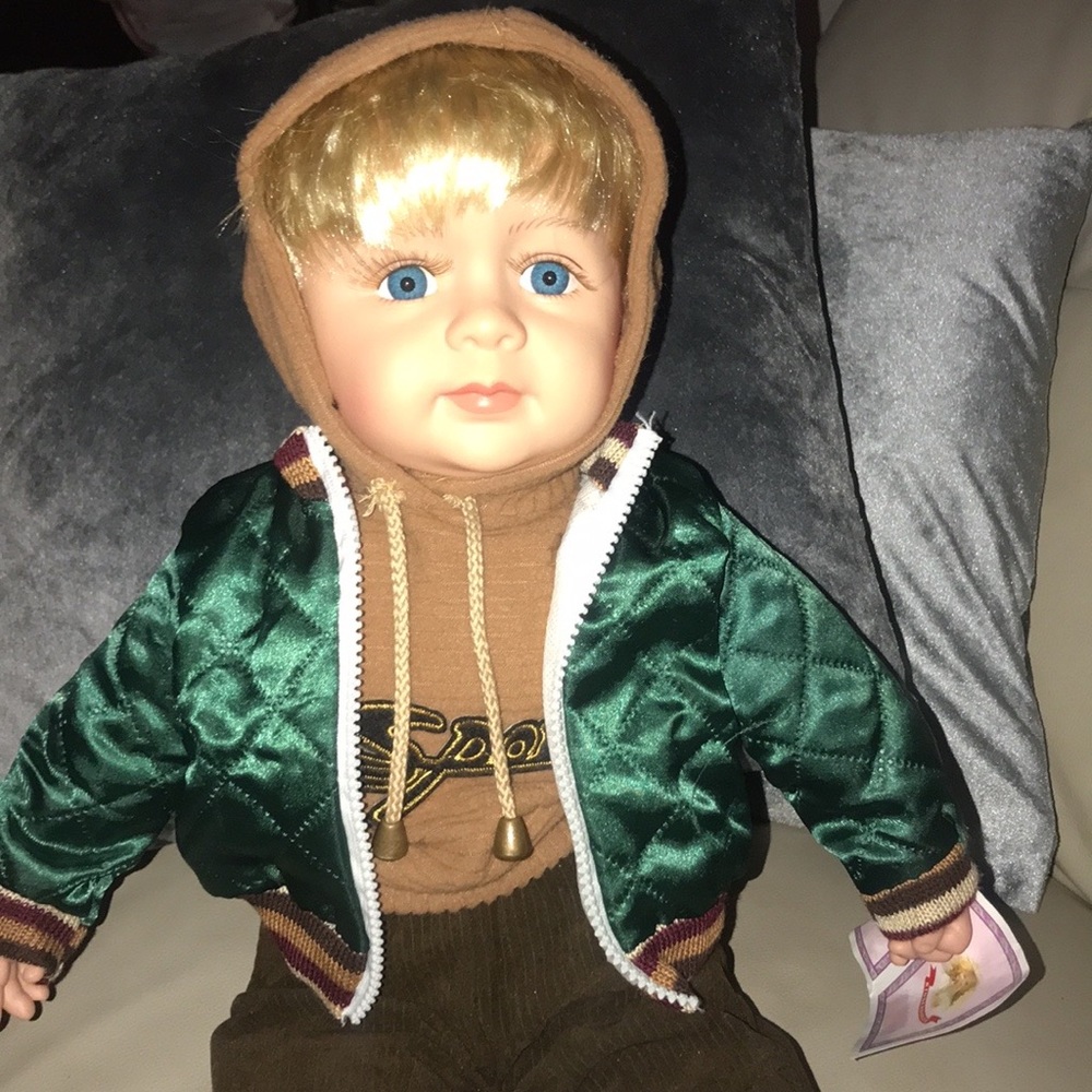 Kinnex Baby Doll Boy In Sport Outfit Blonde Hair Blue Eyes